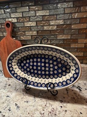 Hand-Painted Blue Ceramic Serving Platter - Elegant Polish Pottery Style